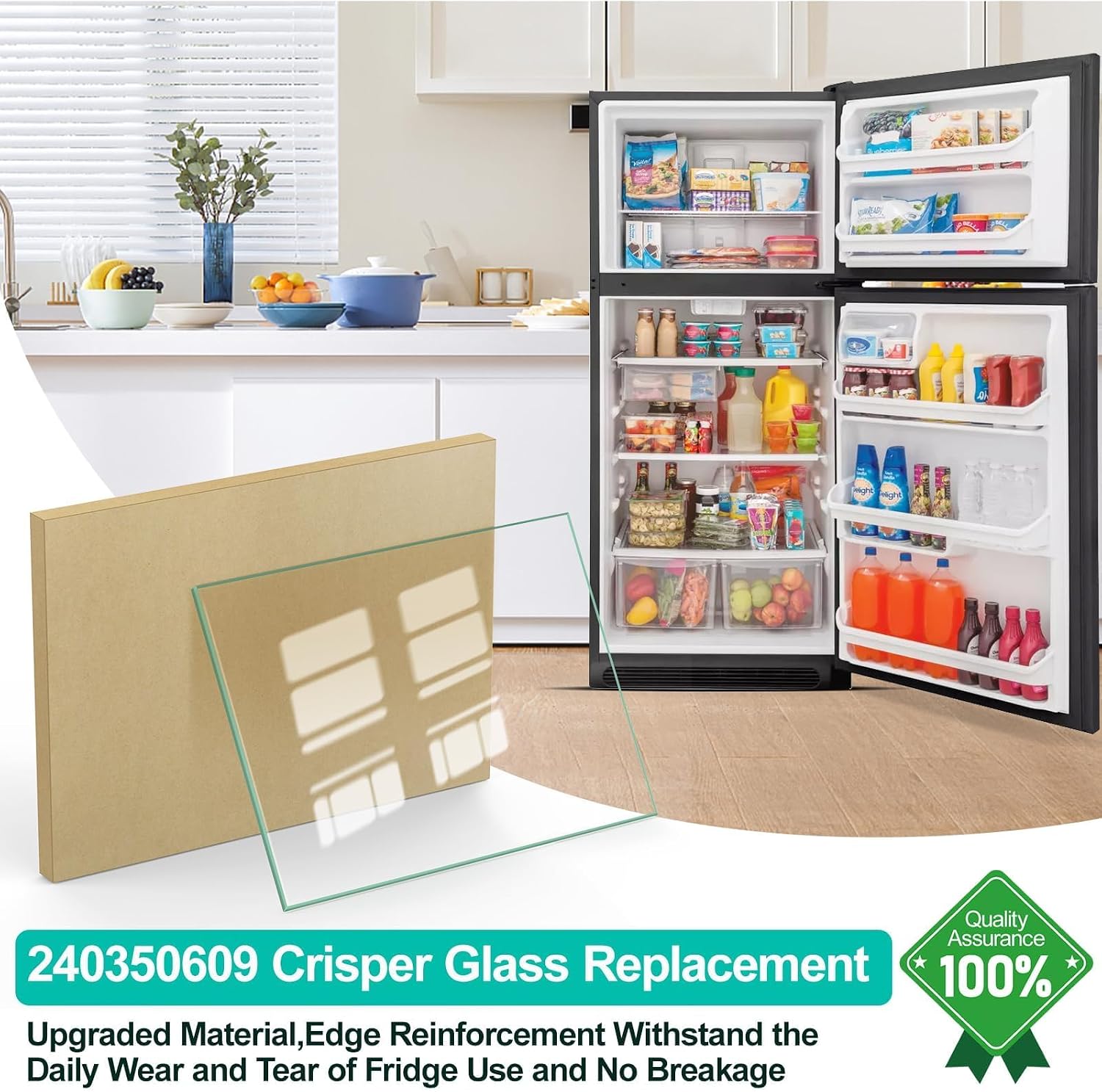 UPGRADED 240350609 Refrigerator Crisper Pan Glass Insert Compatible with Frigidaire Kenmore Glass Shelf Replacement Crisper Drawer Cover Parts AP2115929 LFHT2131QE1 FFHT2131QS6 Fridge Glass Shelf