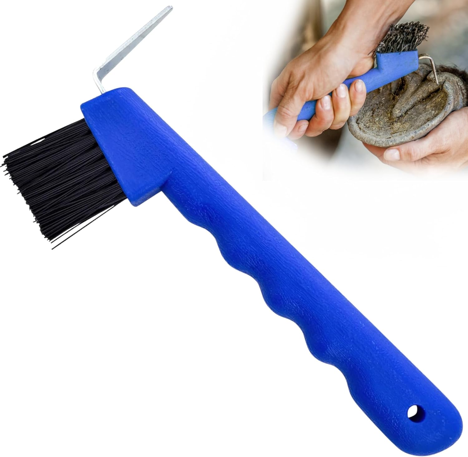 Jeffers Equine Hoof Pick & Brush, Blue – Horse Hoof Cleaning Tool for Grooming, Farrier, Equestrian Care – Durable Hoof Pick with Stiff Bristles – 4 inch Easy Grip Handle