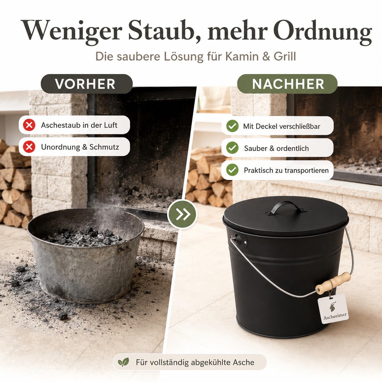 REWU Ascheeimer mit Deckel 15 L, Metalleimer für Kamin & Grill | Stabiler 15 L Metalleimer mit Deckel für vollständig abgekühlte Asche, Kamin, Grillkohle, Briketts & Anzündholz