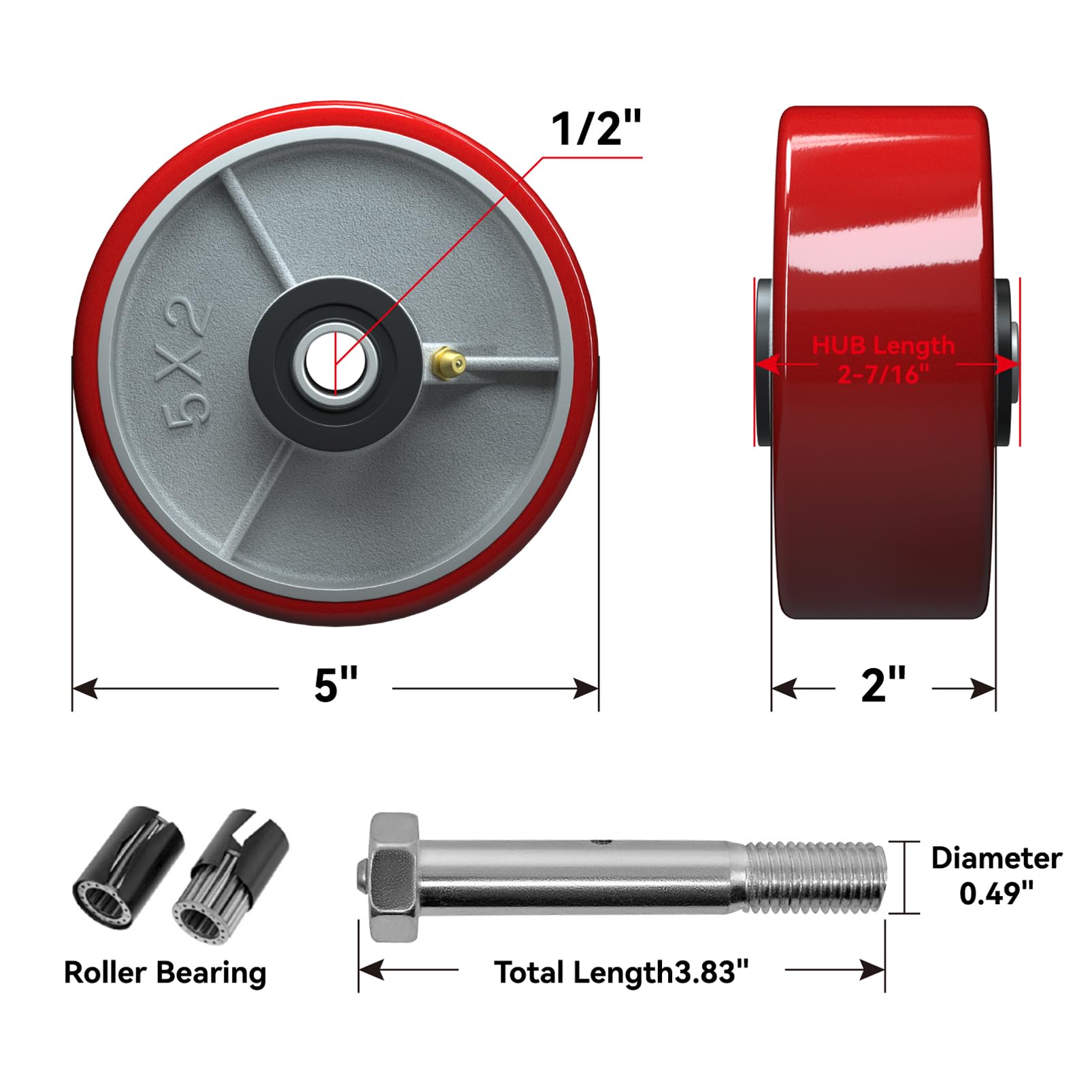 HANDSAMMU 5 Inch Heavy Duty Replacement Caster Wheels-1000LBS Capacity per Wheel, Polyurethane on cast Iron Wheel -1/2