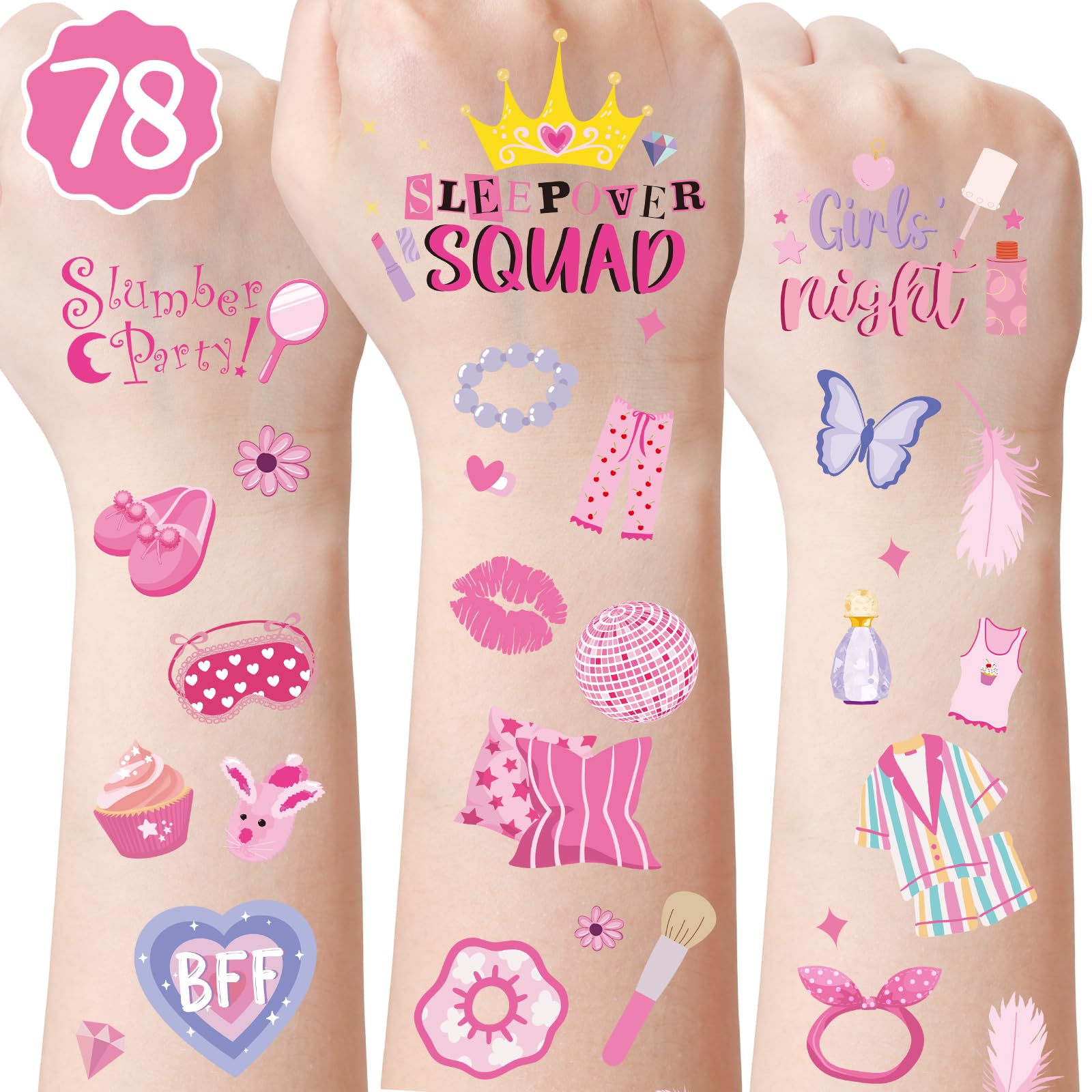 Pink Sleepover Party Temporary Tattoos for Girls - 78 Styles Slumber Party Birthday Supplies, Spa Party Cute Decorations, Sleepover Party Activity