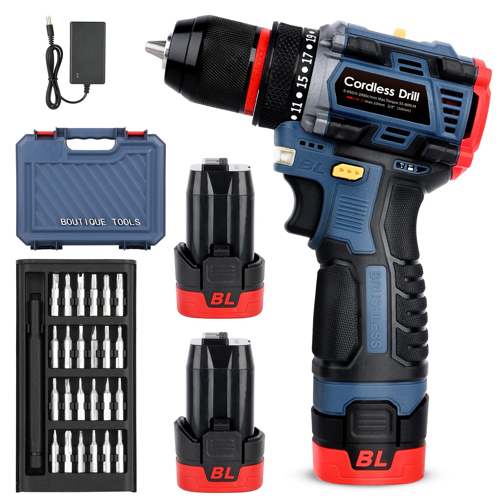 Destornilladores eléctricos inalámbricos: juego de taladro de batería de 16,8 V con 2 baterías de 2 Ah, par de torsión 23+1, 26 brocas, taladro combinado de luz LED para proyectos de bricolaje, kit de