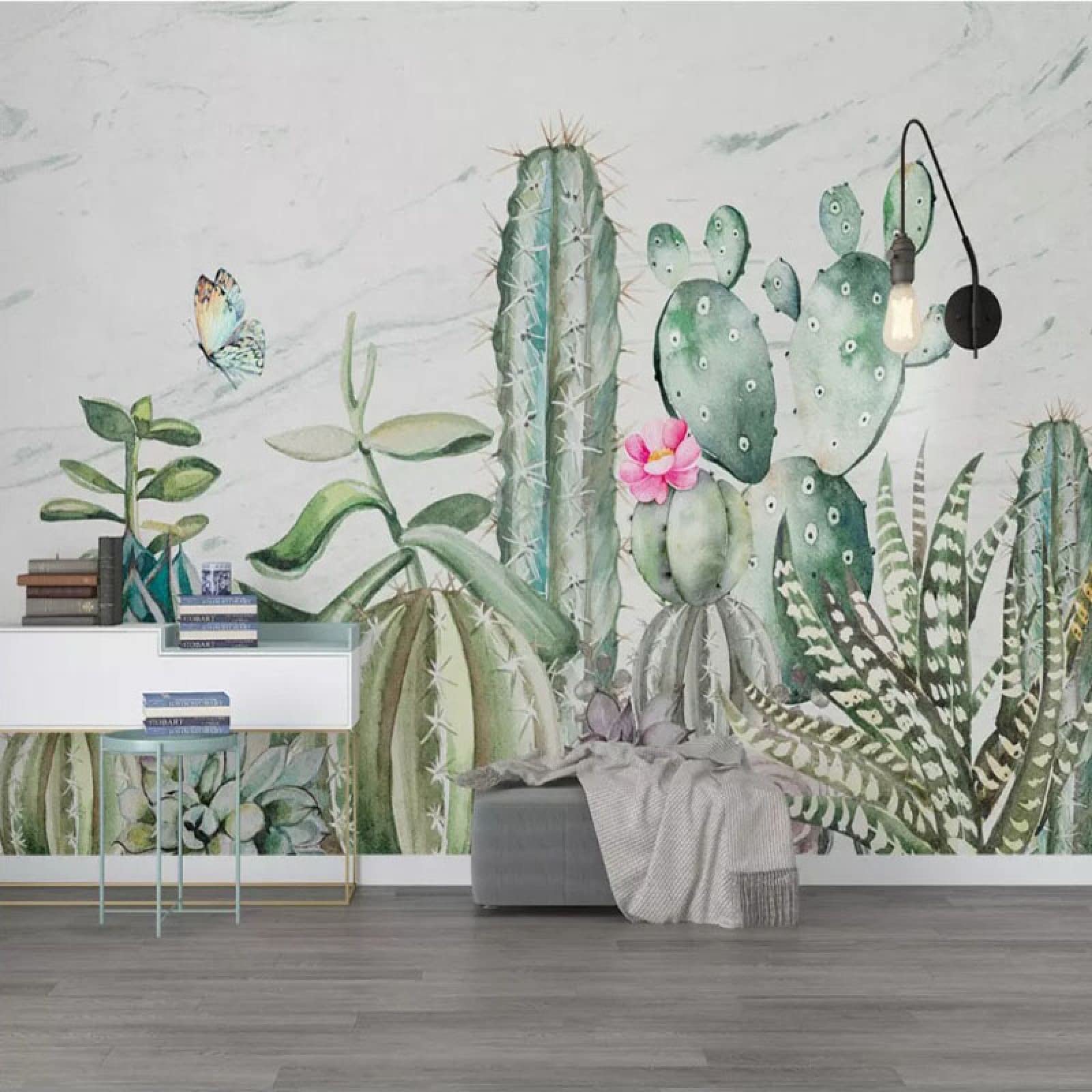 Papier peint salon chambre cactus pour agrandir un mur blanc