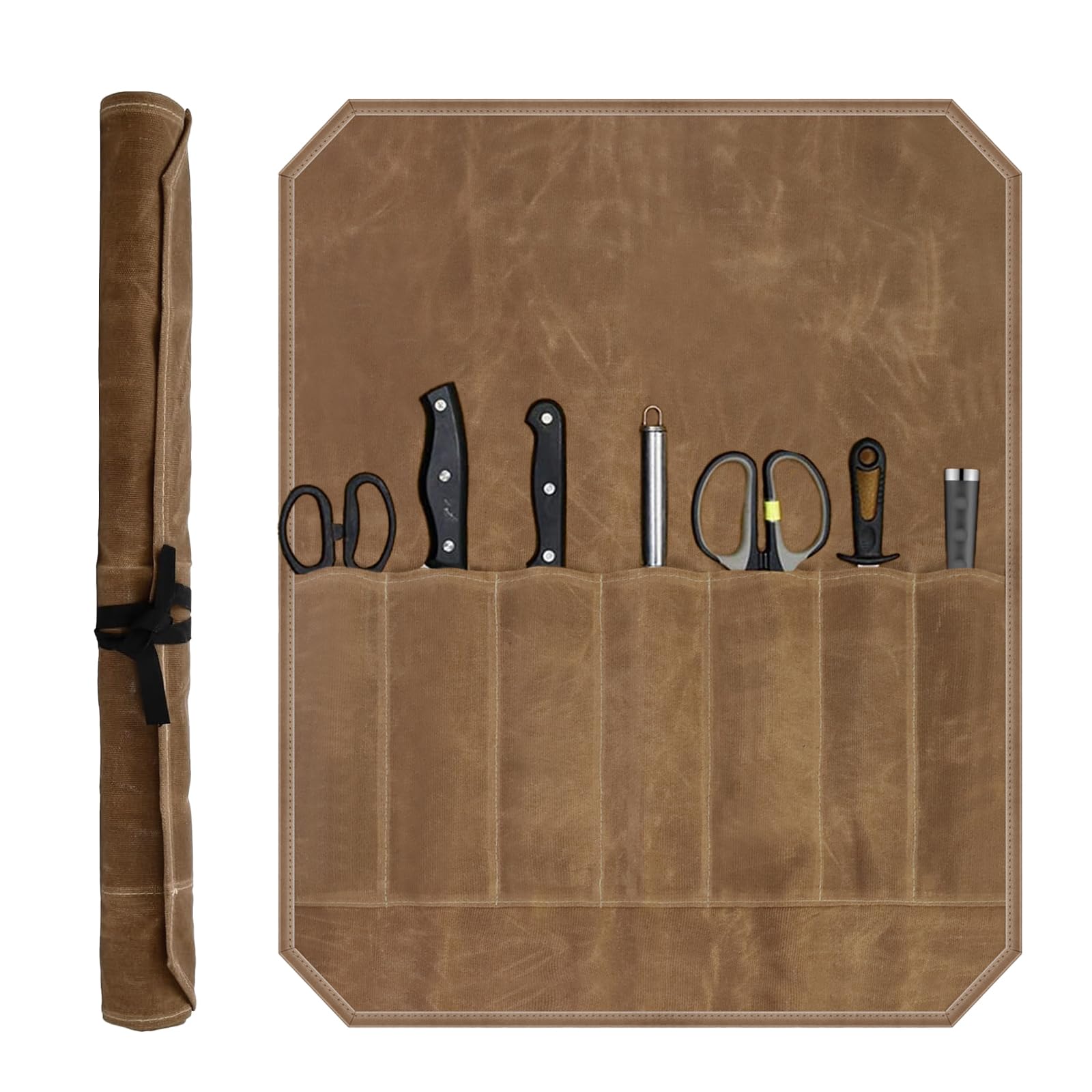 Chefs Knife Roll Bag Knife Bags for Chefs 12 OZ Waxed Canvas Knife Bag,Knife Case Storage 7 Slots Knife Wallet Cutlery Tool Roll Case Bag with Wrap Waxed Canvas Knife Bag for Camping-Hold