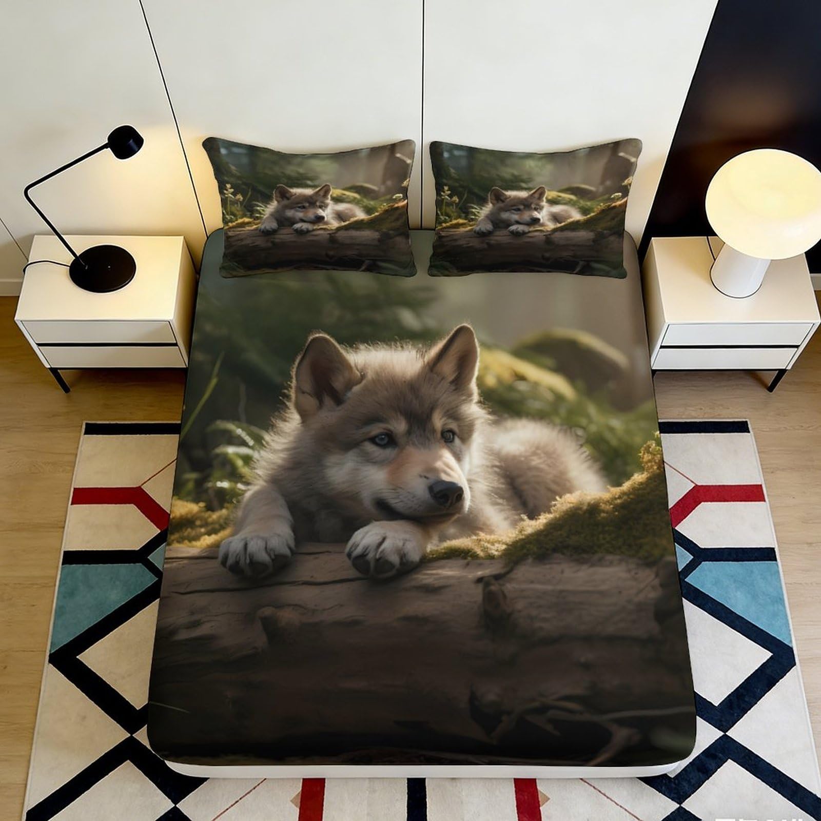 3D Printed Wolf Forest Fitted Sheet Microfiber Soft Breathable Woodland Bed Cover for Bedroom Guest Room Decor 90x200x25cm