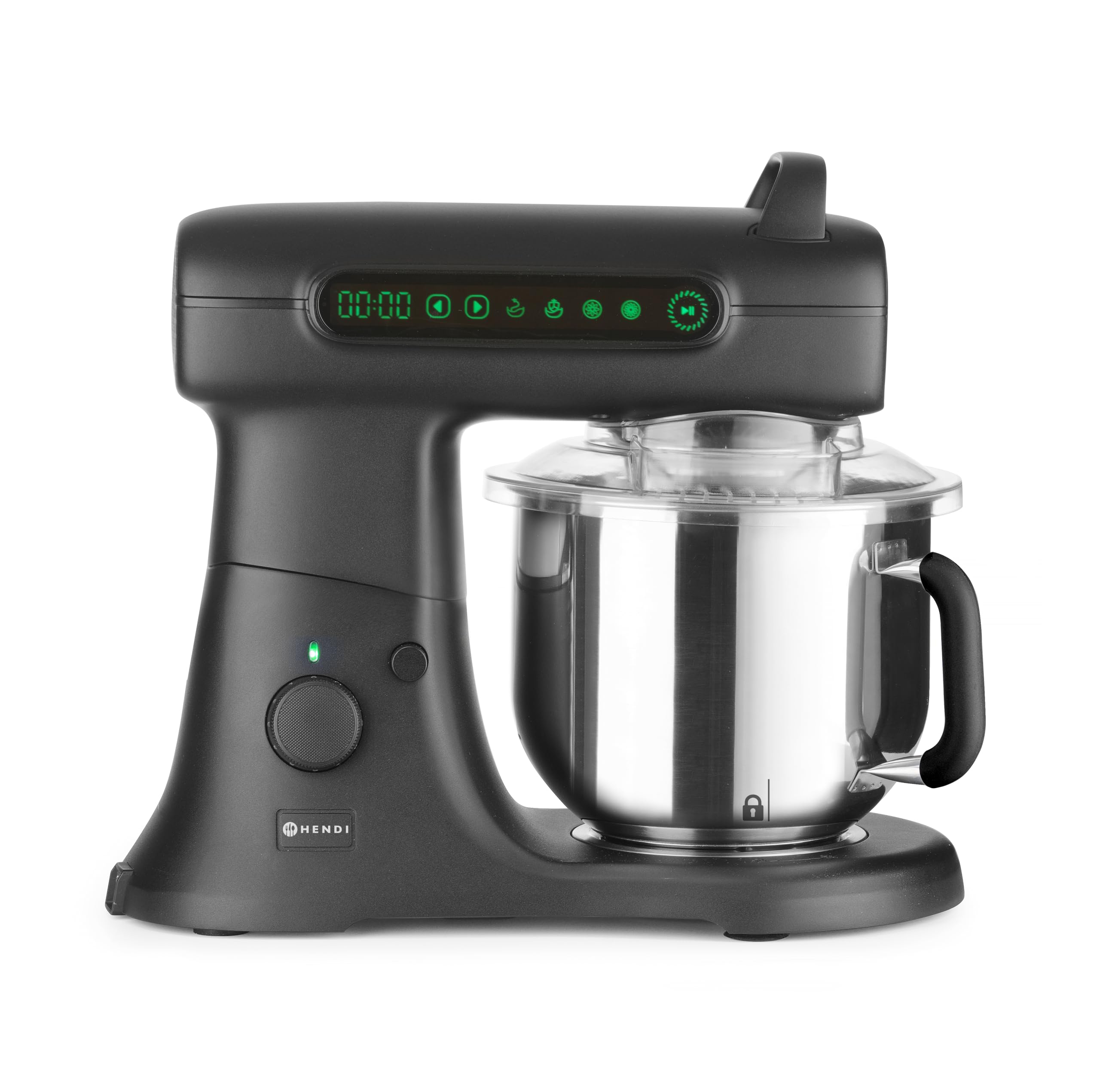 HENDI Batidora amasadora planetaria Blackbolt PRO, 7 L, 800 W, 11 velocidades, temporizador y 4 accesorios aptos para lavavajillas, carcasa de aluminio fundido, 470x263x(H)413mm, negra