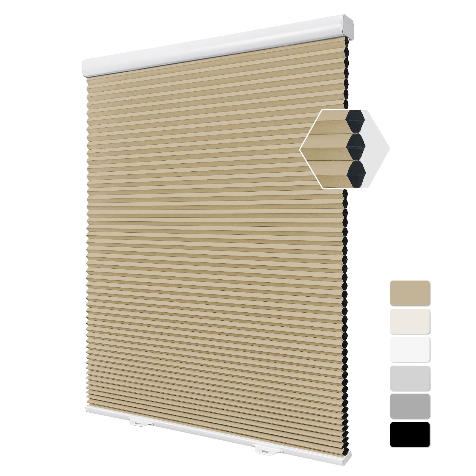 Moonice Cordless Honeycomb Pleated Blinds 3.8cm Single Cell Blackout Cellular Blinds Thermal Insulated Cellular Window Shades Easy to Install for Home Bedroom Office (Khaki, 45cm W x 120cm H)