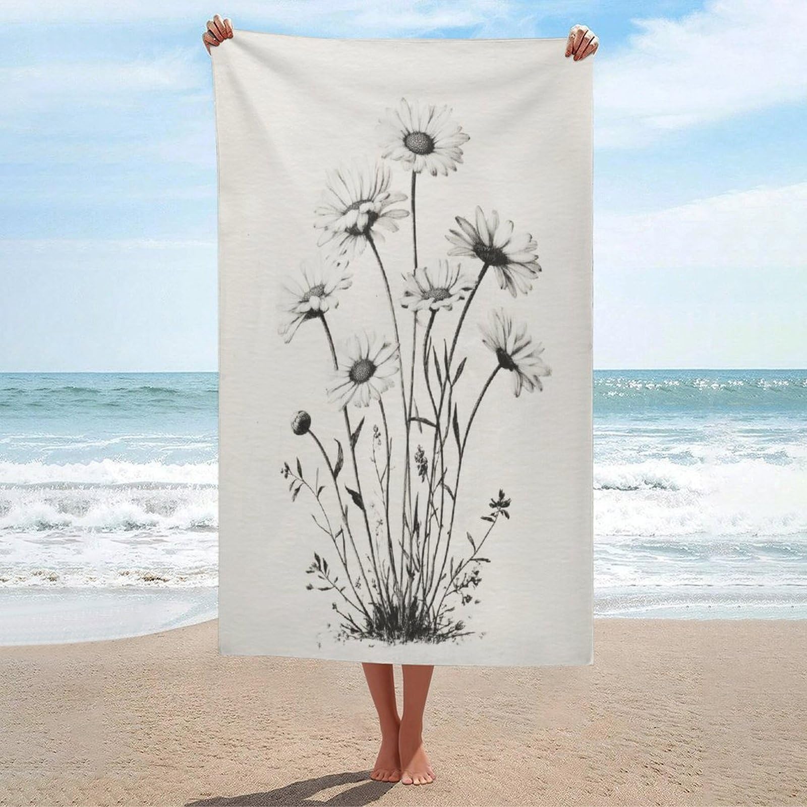 LSRCPD Botanical Rich Bouquet of Daisies Beach Towel Sand Free Microfiber Large Shower Towels Multipurpose Absorbent for Bathroom Pool 130x80 CM