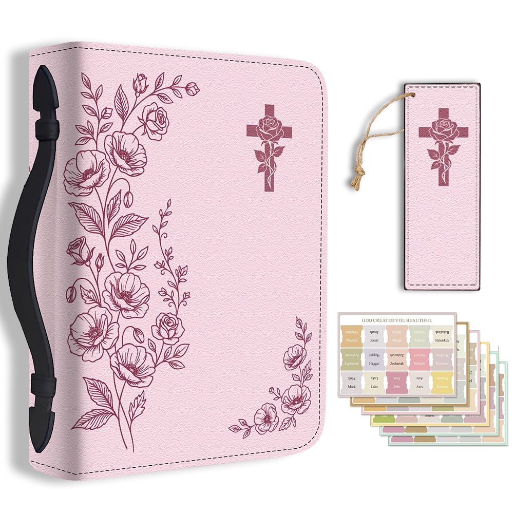 TNKBREEZE Women's Bible Cover Pink Floral PU Leather Book Carrying Bag with Bookmark Inspirational Bible Book Case with Handle Zipper for Girls Christian Gifts Church Study Supplies 11.2x8x2.3inch