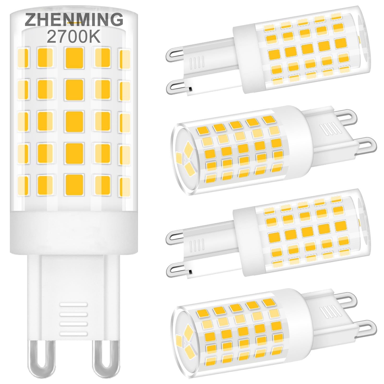 ZHENMING G9 Led Bulbs 40W Equivalent Warm White 2700K,4W 400LM, G9 Bin Pin Base AC 220-240V No Flicker, Not Dimmable Energy Saving Light Bulb for Decor Home Chandelier, Ceiling Lights, 5 Pcs