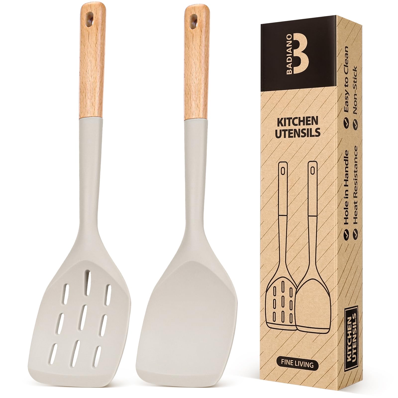 Pack of 2 Silicone Spatula, Non Stick Cooking Utensil Set Wooden Handle Kitchen Turner for Baking Mixing Grilling Serving Food Heat Resistant Non Scratch Hooks Included (Khaki)