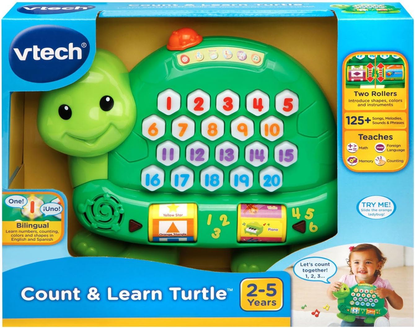 VTech Count and Learn Turtle, front view, showing the power switch and number buttons.