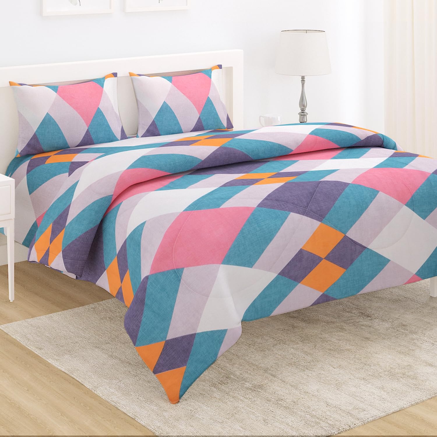 HOKIPO Quilt Comforter Bedding Set, 220 GSM, AC Blanket, Reversible Microfibre Duvet Double Bed Size with 1 Bedsheet and 2 Pillow Cover (IN-564-D6)-image-20