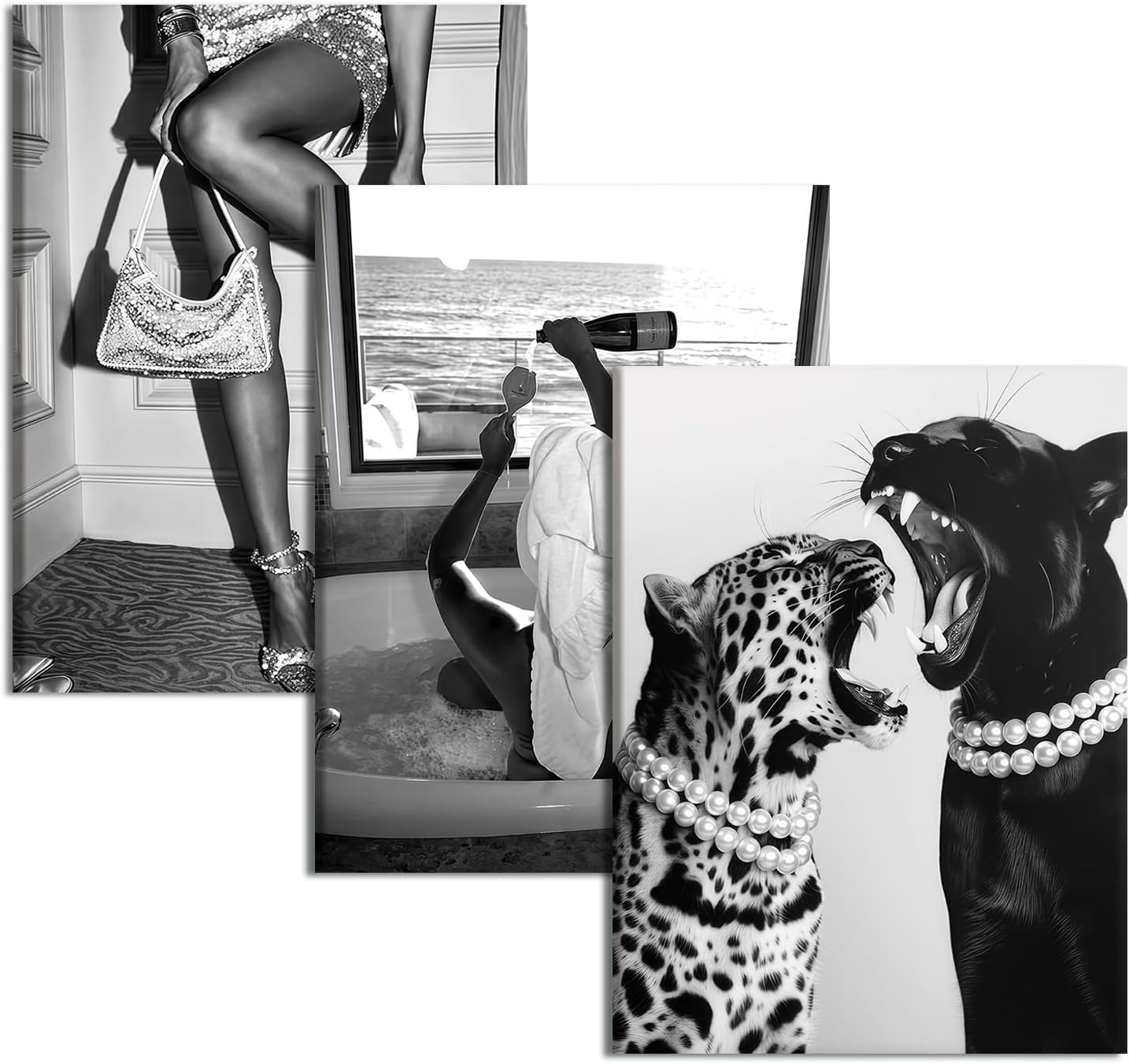 3 Pcs Framed Fashion Leopard Print Canvas Wall Paintings Funny Woman Drinking in…