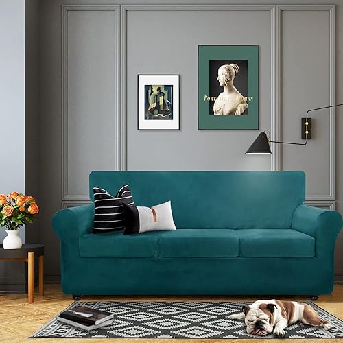Miniatura 2 de Chelzen - 4 fundas de terciopelo para sofá de 3 asientos, muy elásticas y antideslizantes, con parte inferior elástica, para sala de estar,