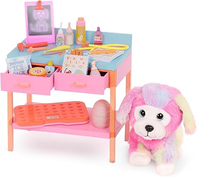 Glitter Girls 14-Inch Doll Accessories Kids Toy Vet Set Plush Dog & Medical Toys Doll Furniture Posable Pet with Pink Fur 3+ Years Sniffles & Vet Table Playset