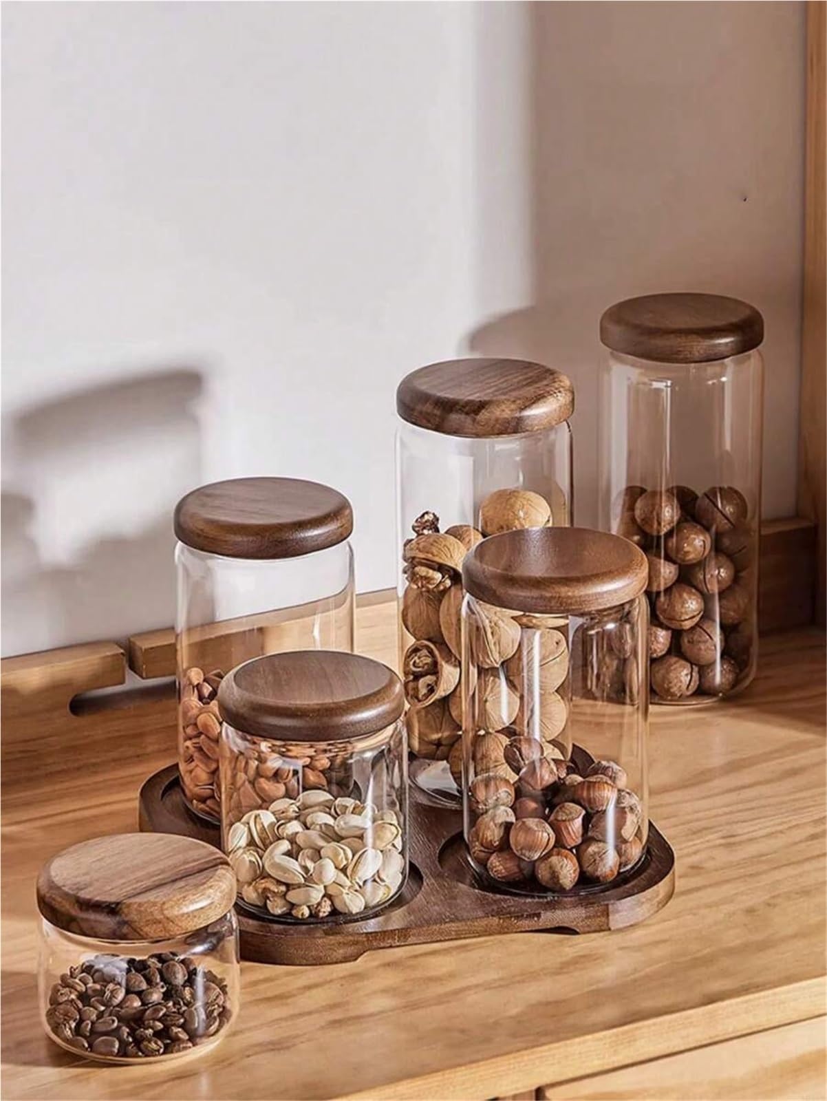 Tarro de almacenamiento transparente, Tarro de almacenamiento transparente con tapa madera, tapón hermético y pomo redondo, ideal for guardar especias (1 unidad)(S 220ml)