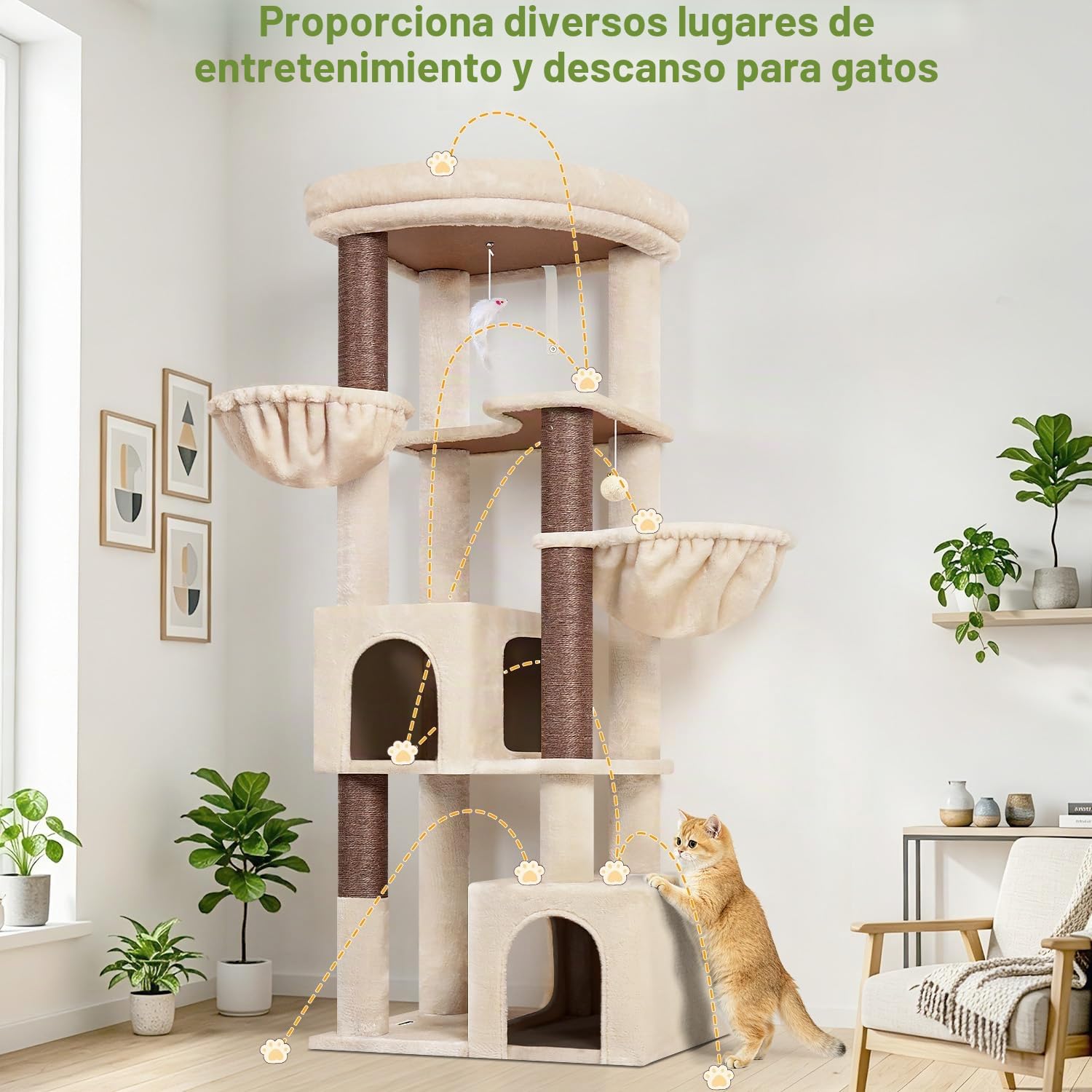Globlazer Árbol Rascador Beige Esquinero Alto 163 cm con 2 Grande Nidos 45*30*30CM, Inmenso Plataforma Acolchada, 2 Suave Cesta, 4 Postes de Sisal, Estable Rascador para 2-4 Gatos Adulto (C64, Beige)