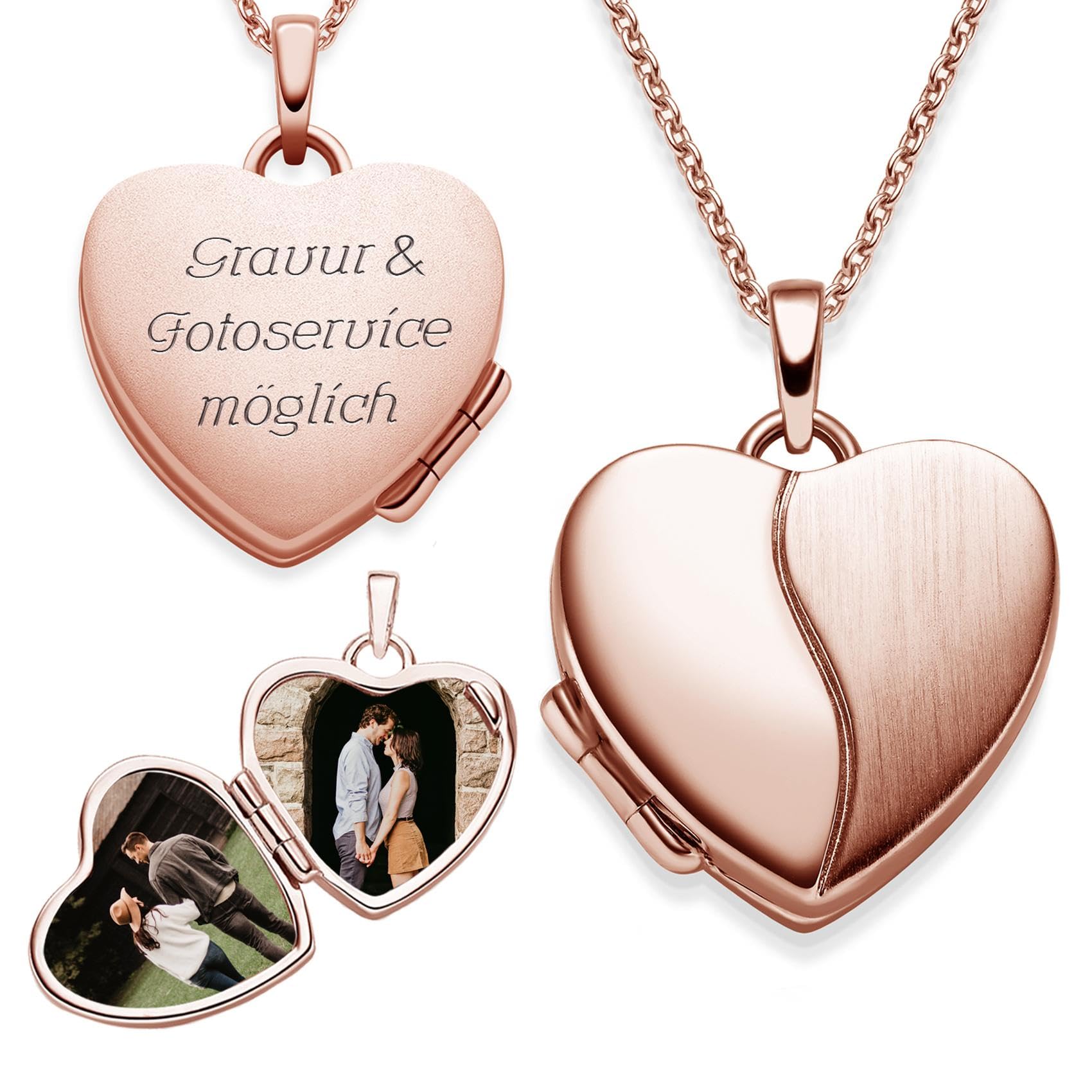 Amoonic Damski medalion w kształcie serca, "Romantic Love", pozłacany różowym złotem, otwierany łańcuszek, 45-50 cm, usługa i grawerunek, prezent od serca