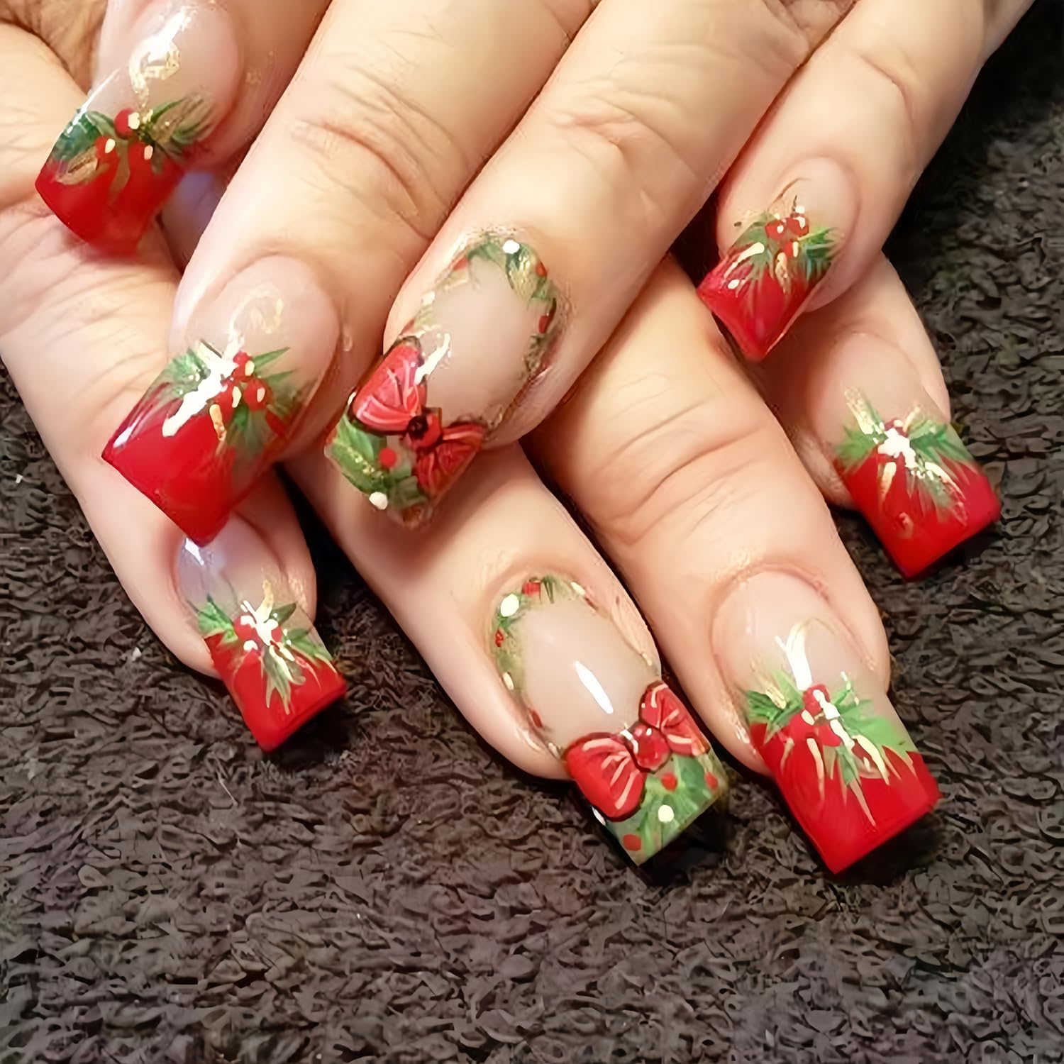 24 Pcs Christmas Short Square Press on Nails French Tip Fake Nails with Xmas Bows Leaf Design Full Cover Fake Nails Nude Pink Stick on Nails Holiday