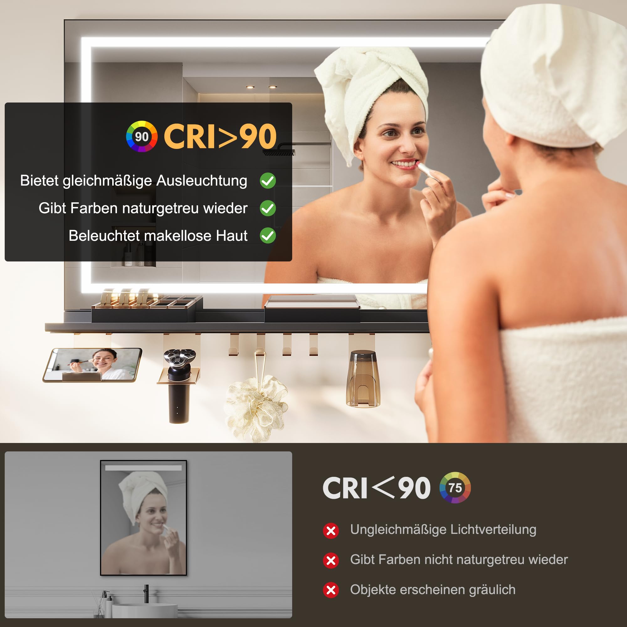 Sonni Espejo de baño con luces de 80 x 60 cm, espejo LED de baño con espacio de almacenamiento de 80 cm, 3 colores de luz ajustables, espejo de pared sin niebla con interruptor táctil