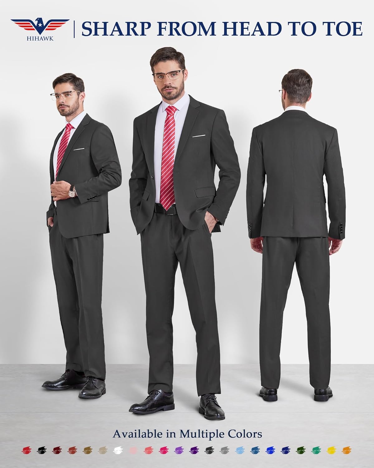 Hihawk Men's 2 Piece Suit with Tie, One Button Slim Fit Solid Jacket & Pants Set, Suits for Men Party Wedding Prom & Business - Image 2