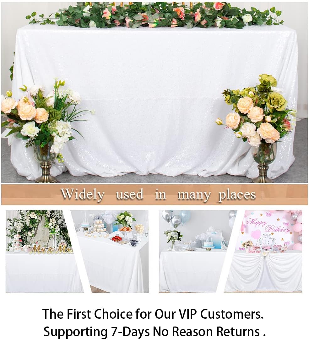 ShinyBeauty 90x132 Inch White Sequin Tablecloth - Sparkling Decorative Table Cover for Birthday, Wedding, Christmas Party Decor, Durable Sequin Table Linen