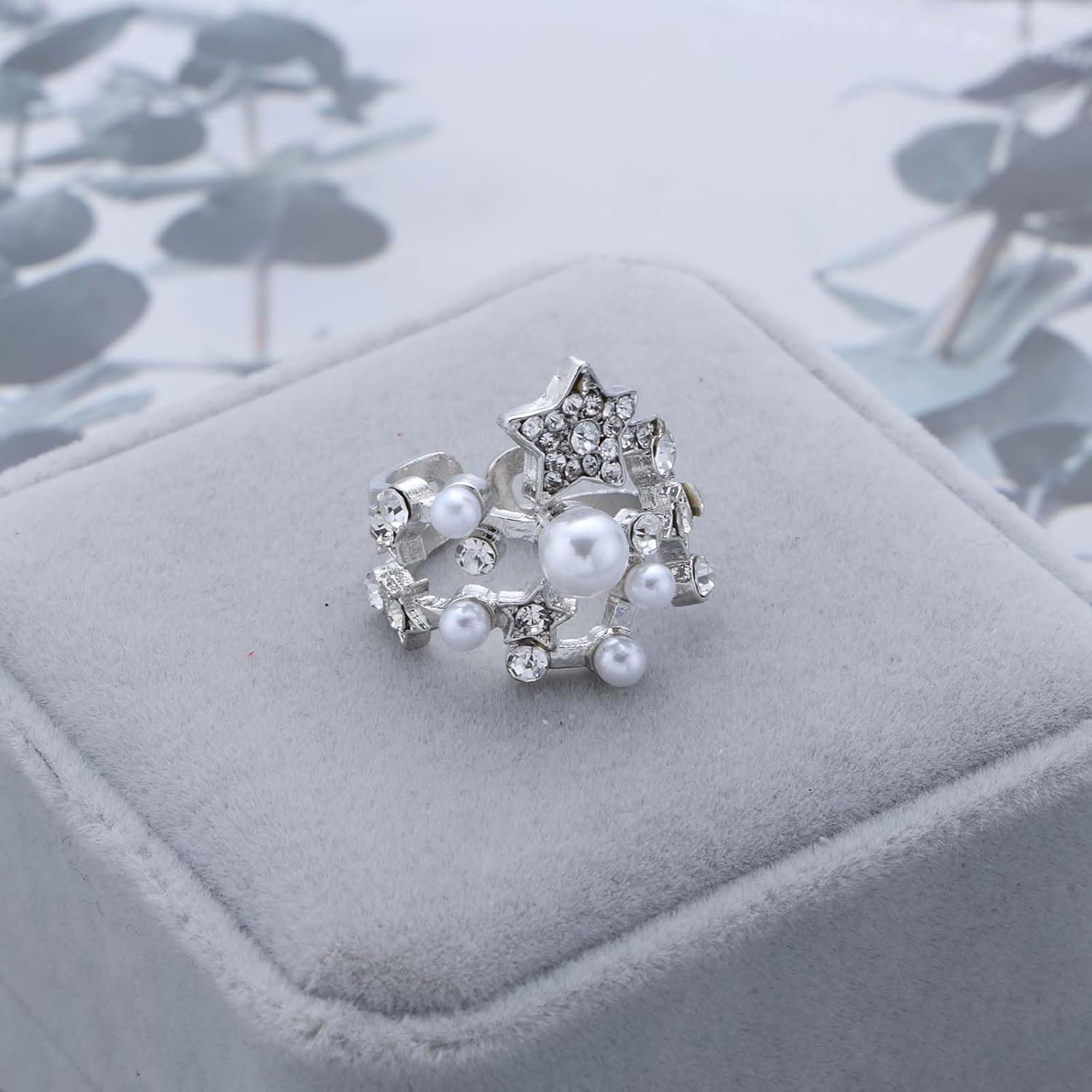 Vintage Crystal Pearl Ring Silver Rhinestone Star Ring Adjustable Open Finger Rings Cluster Cz Wedding Rings Jewelry for Women - Image 3