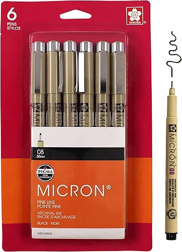 6 plumas Sakura Pigma Micron 005 de tinta negra y con punta de 0008 50034
