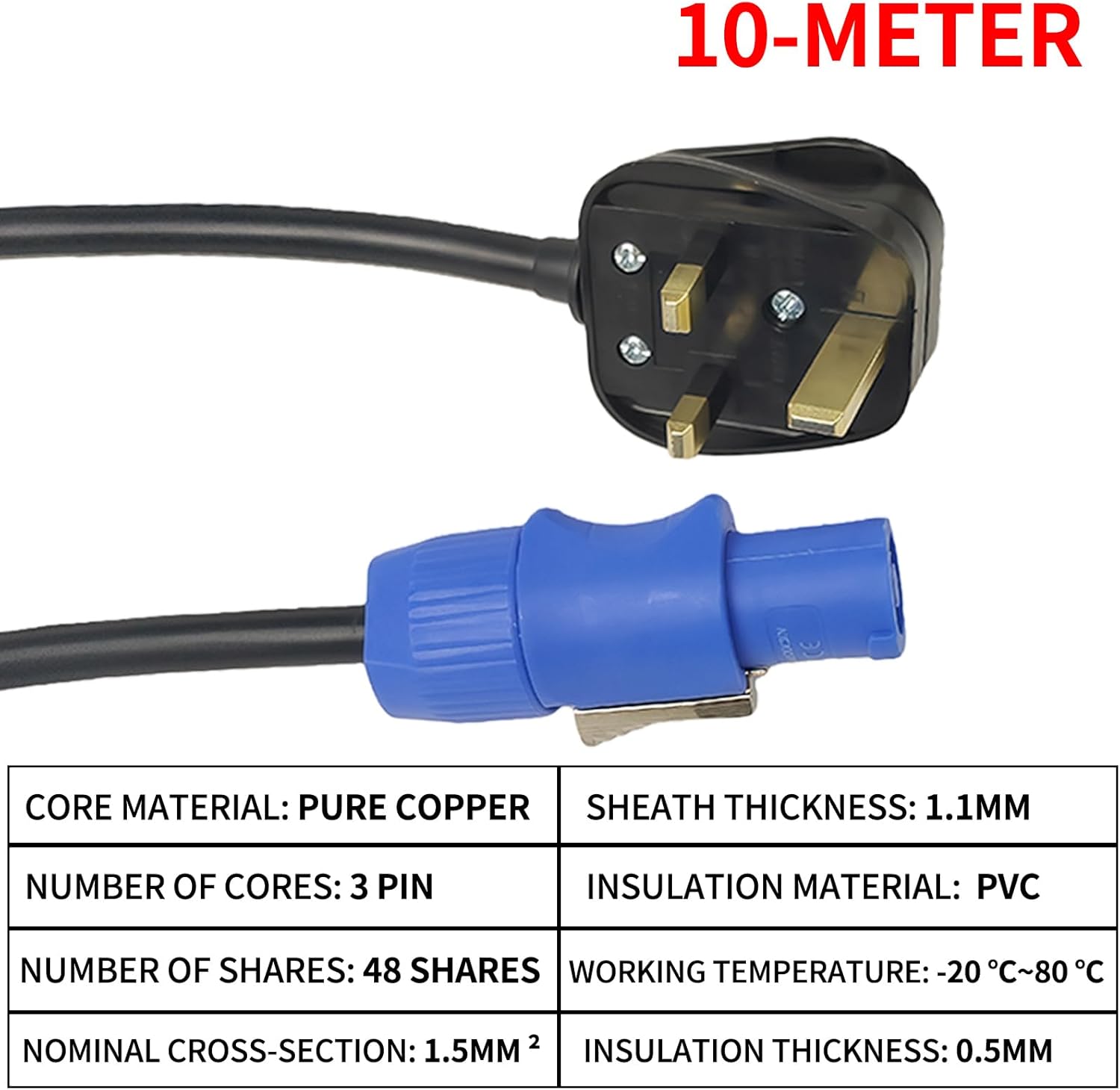 1pcs UK Plug Waterproof Power Cable, 3-Pin 3x1.5mm² Rubber H05RN-F Cable for Stage Lighting, DJ Audio Equipment, LED Display Screen and Moving Head (10-Meter)