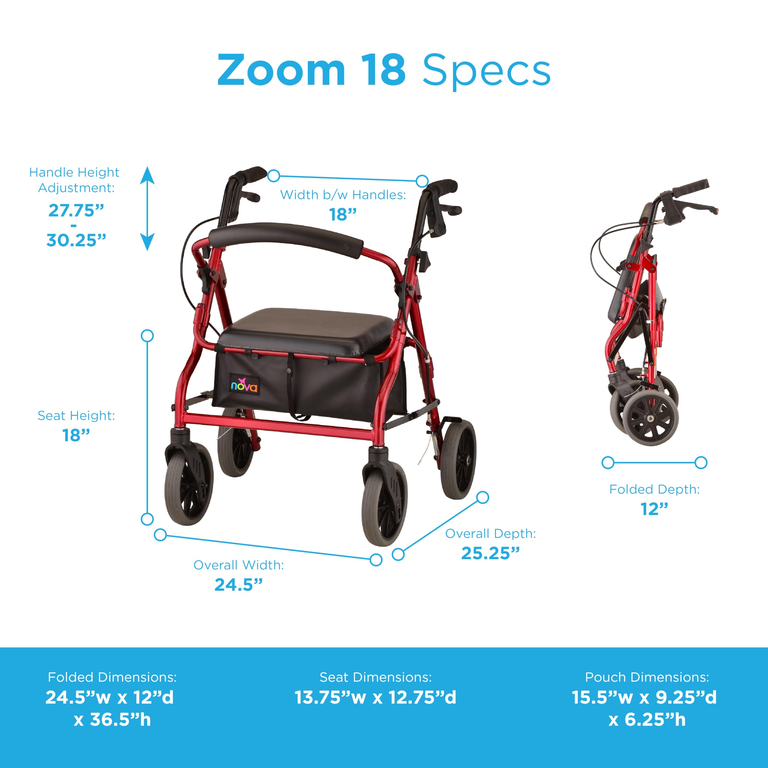 Amazon.com: NOVA Zoom 18 Rollator Walker for Seniors, Rolling