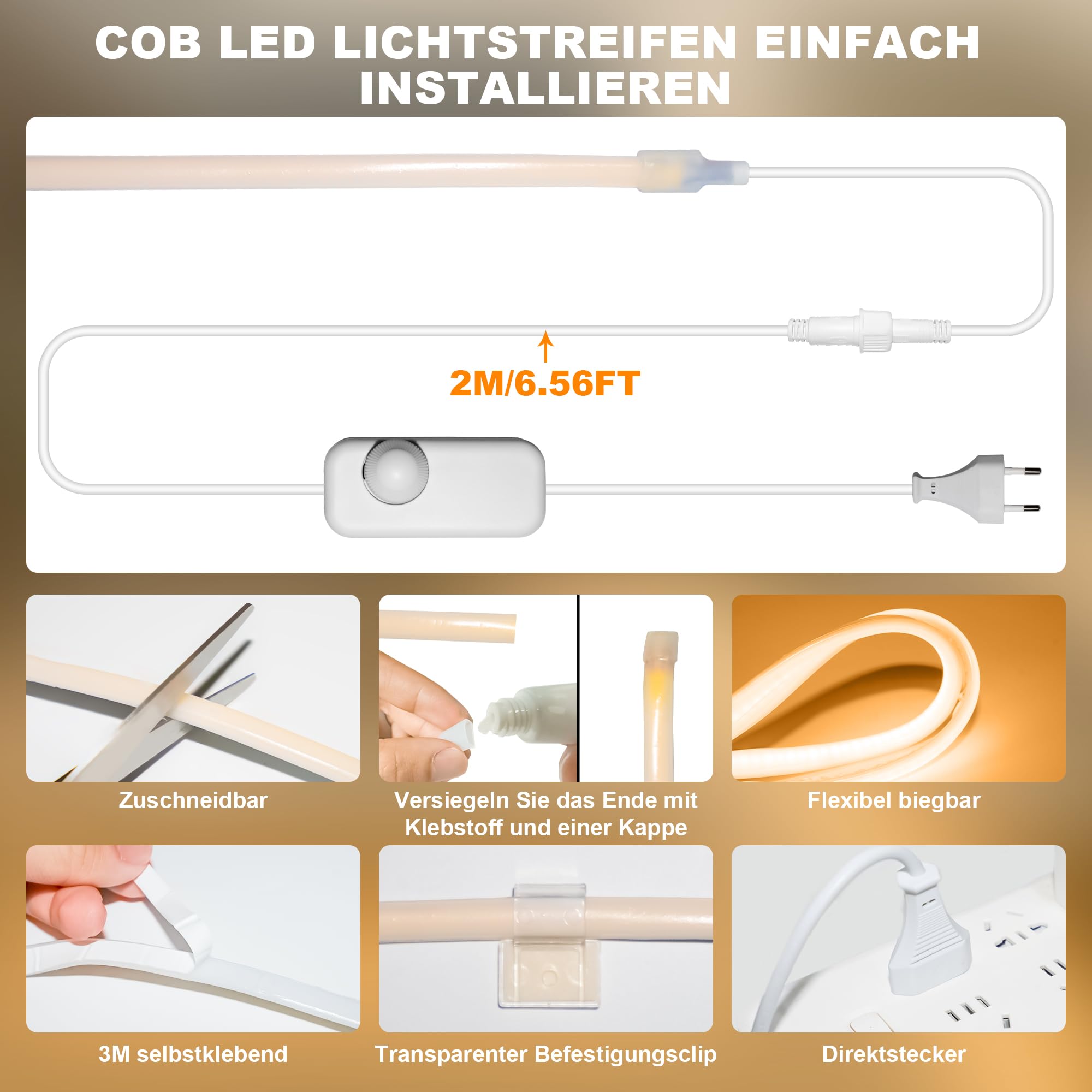 Gliztech IP67 Wasserdicht COB LED Streifen 20M 230V Direktstecker Warmweiss 2700K für Garten