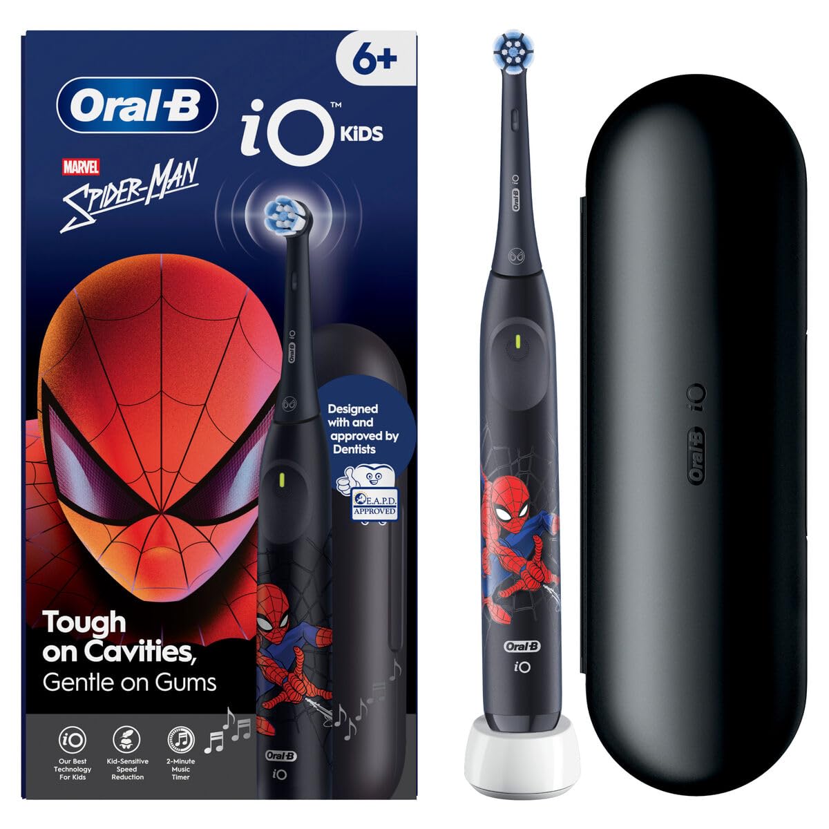Oral-B Spazzolino da denti elettrico iO Kids, Spazzolino da denti, motivo: Spider-Man, nero – 3 modalità di spazzolatura morbida per bambini di 6 anni, timer musicale, punta rotonda di ricambio | 3 modalità di spazzola morbida per bambini di 6 anni, timer
