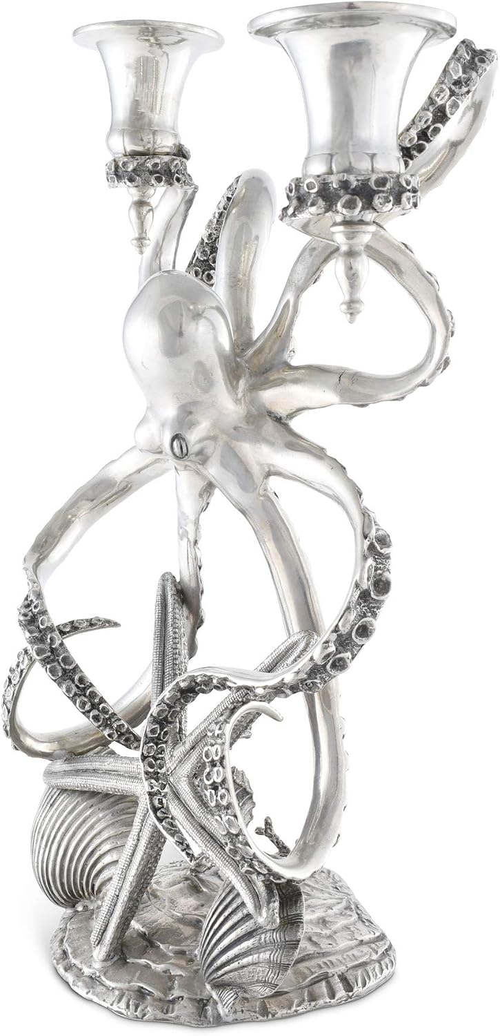 Vagabond House Two Taper Pewter Metal Octopus Candelabrum Candlestick Centerpiece 13.5 inch Tall