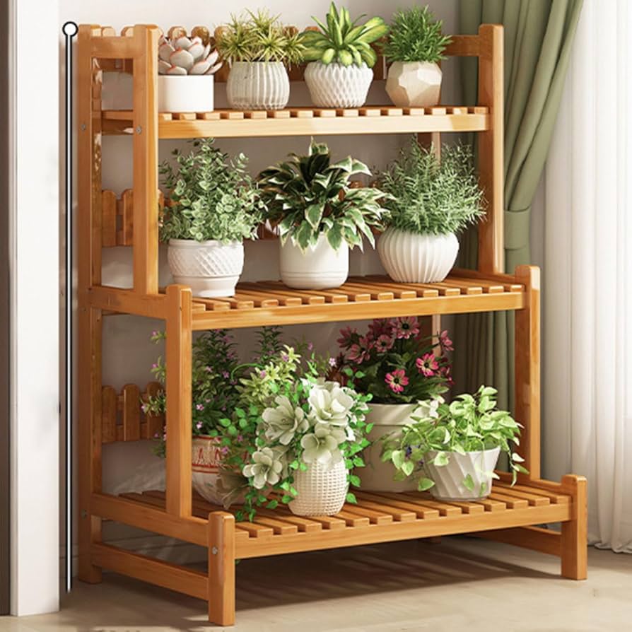 飾り棚　フラワースタンド Amazon.co.jp: フラワースタンド 竹製 ガーデンラック ベージュ 3段 4