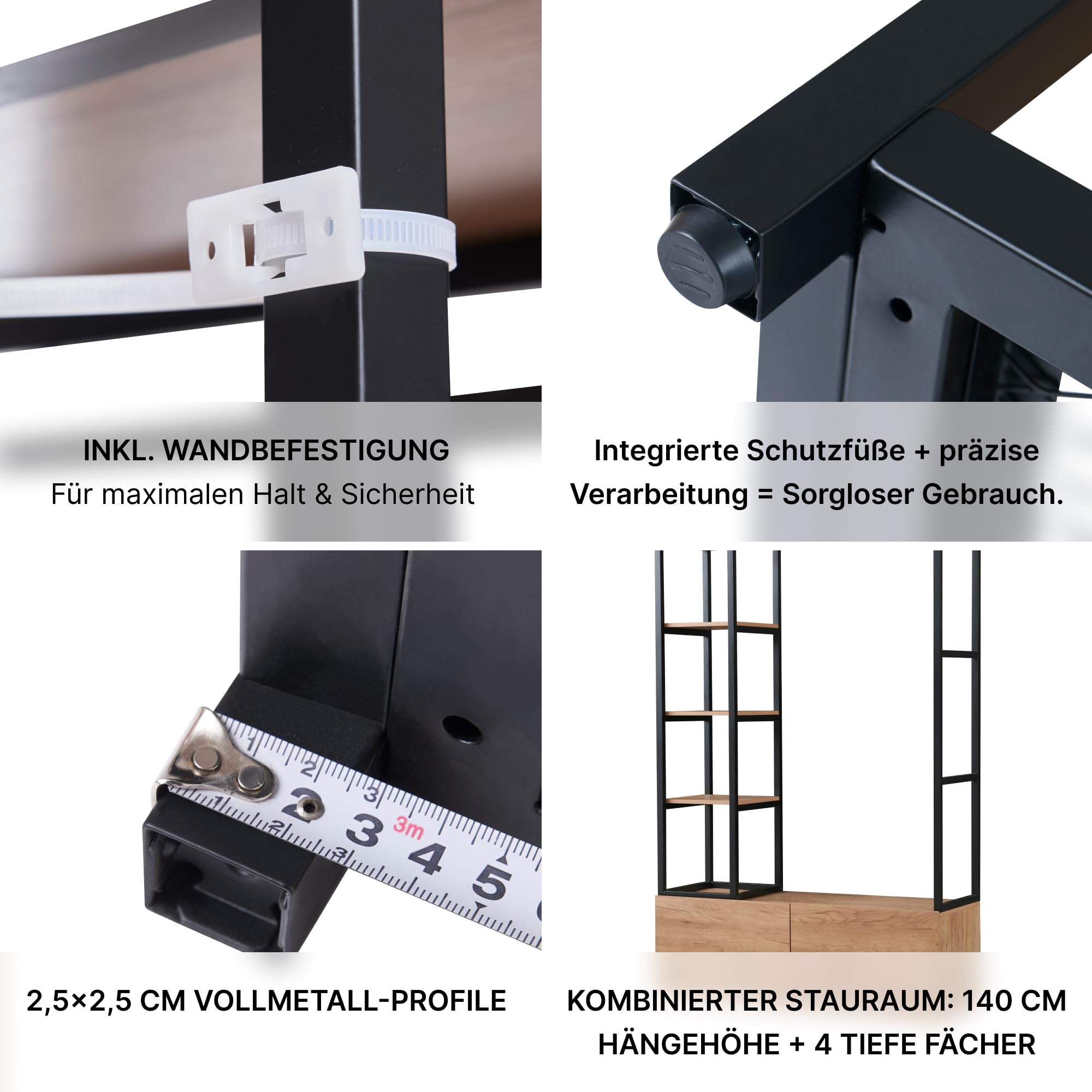 Offener Kleiderschrank System 120x180cm – Schmaler Kleiderständer 40cm Tiefe mit 2 großen Schubladen, Stabiler Garderobenständer Metall & MDF in Holz-Optik, Schwarz/Natur