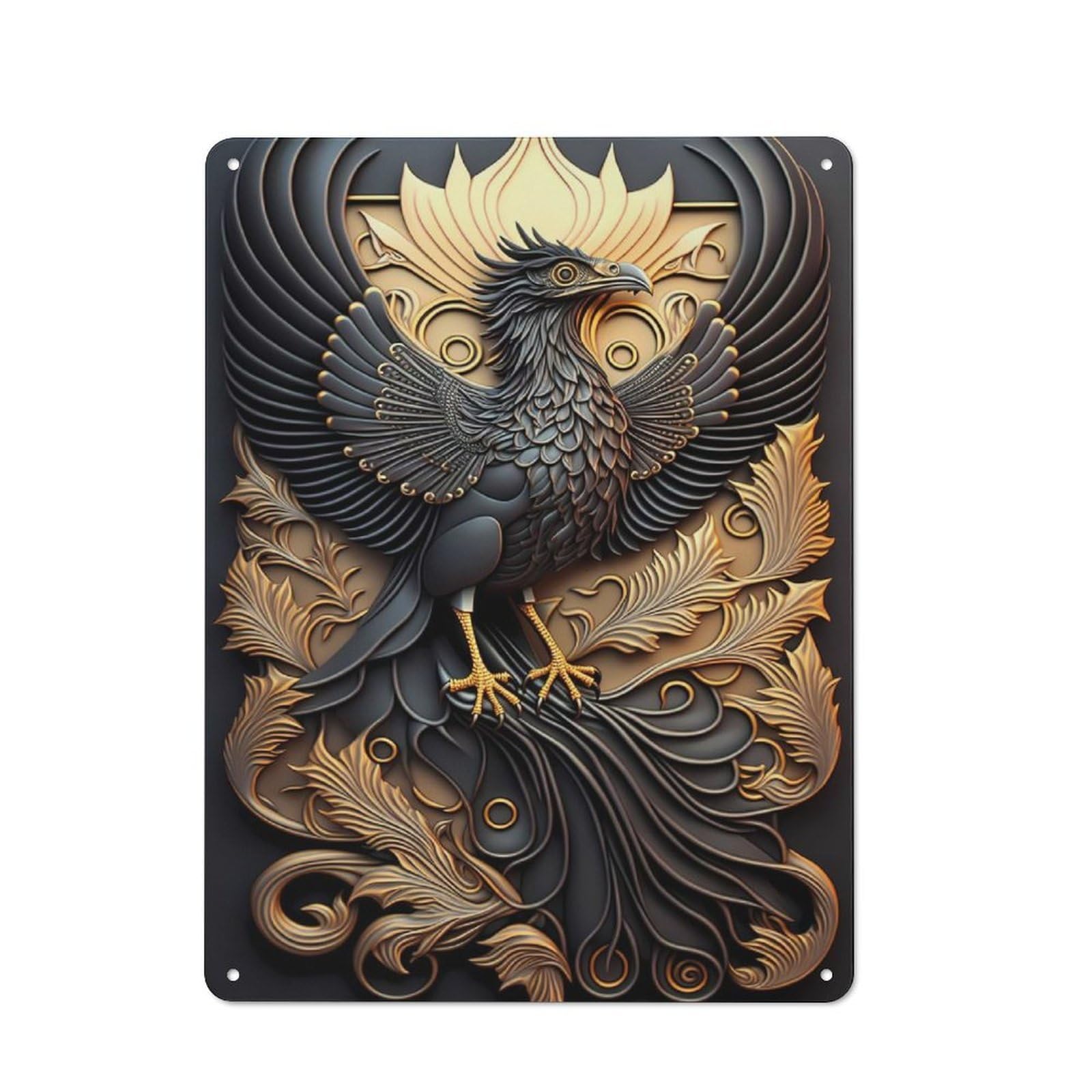 Golden Phoenix God Art Cottage Style Metal Wall Decor 40x30cm, Farmhouse Metal Sign for Kitchen, Cottage, Porch Or Garden Room