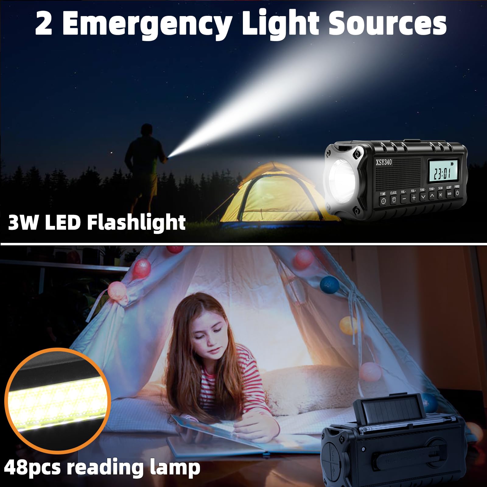 Ulepszone radio z korbą ręczną 10000 mAh/37000 mWh AM/FM z latarką LED, radio słoneczne, przenośne radio pogodowe, awaryjna ładowarka do telefonu komórkowego dla rodziny, na kemping na świeżym