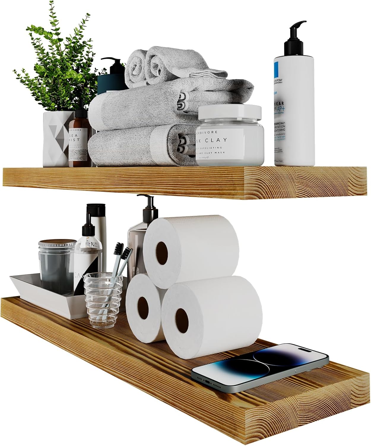 SAUCE ZHAN 24 Inch Floating Shelves 6.7In W Rustic Natural Wood Pine Wall Shelf Set of 2 Open Shelving Wall Mounted Decor for Bathroom, Living Room, Bedroom, Kitchen Light Walnut(pine Material) 24 inch