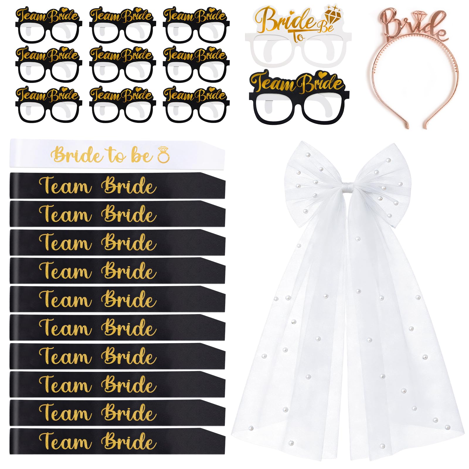 Yueshop 24 PCS Hen Party Accessories, 1 Bride to be Sash + 10 Team Bride Sashes + 11 Hen Party Glasses + 1 Hen Party Veil + 1 Bride to be Tiara, Hen Do Accessories, Hen Night Accessories (Black Gold) — image 1