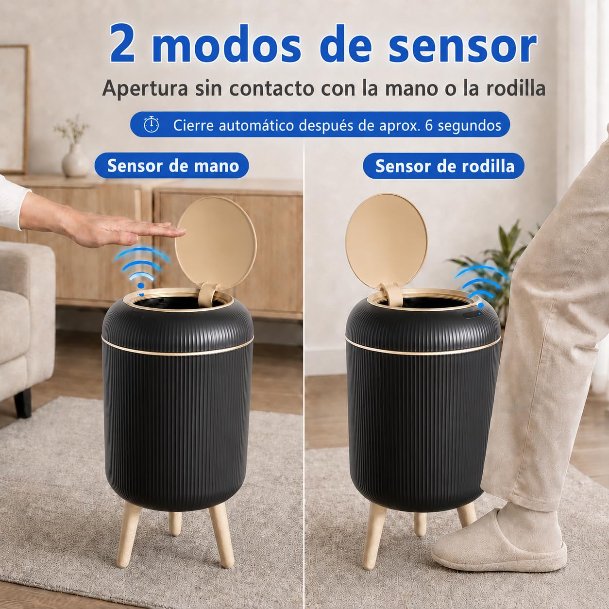 Papelera Automática 10L con Sensor para Baño, Blanca - Cubo Basura Inteligente con Diseño Redondo Elegante, Patas de Madera y Apertura Sin Contacto para Salón (10L Schwarz)