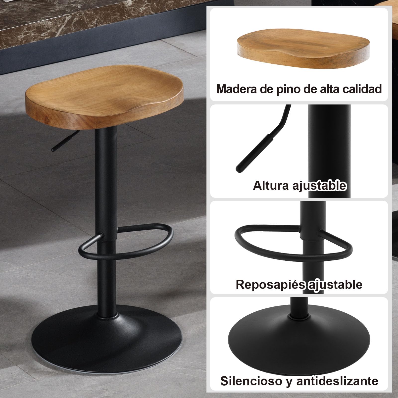 WOLTU Taburetes Altos de Cocina Juego de 2, Giratorio con Reposapiés, Taburete de Bar Regulable en Altura Asiento de Madera, para Zona de Bar, Cocina, Base Metalico, Marrón Rústico