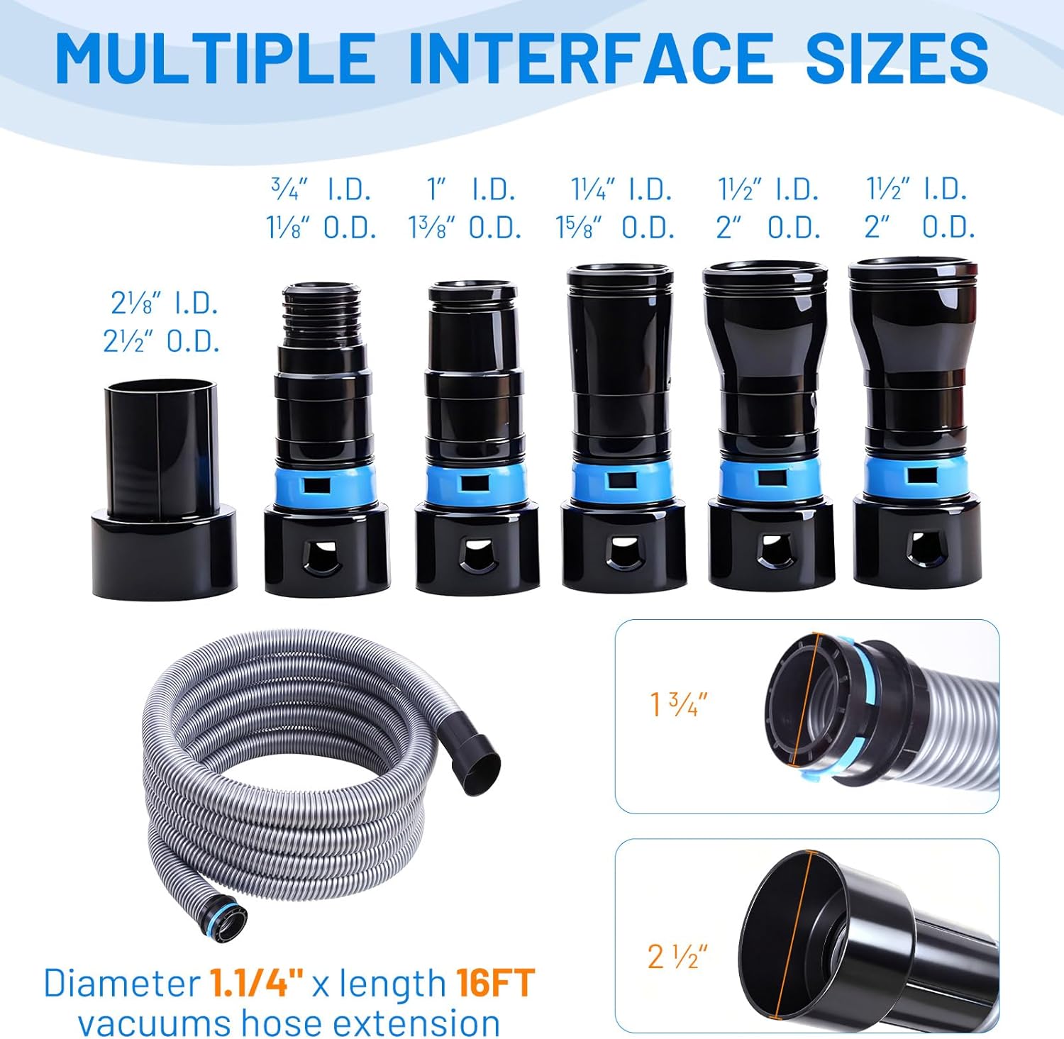 16FT Shop Vac Hose Extension Kit, Dust Collection Hose Kit With 6 Adapter For Home&Shop Vacuums System, Compatible With All Major Household Vacuum Cleaner Brands Woodworking Power Tools And Sanders