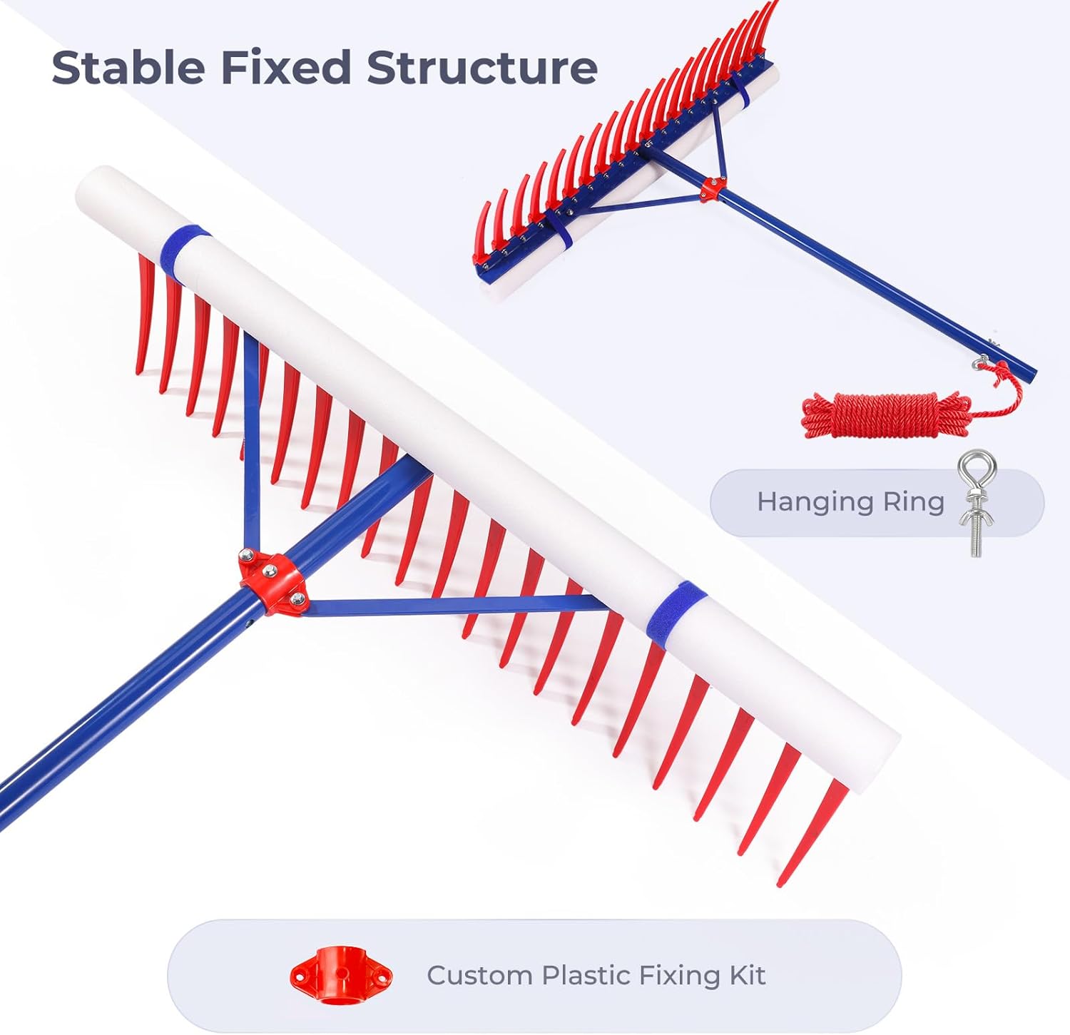 40 Extra-Large Heavy Duty Lake Weed Rake for Ponds with 11 Long Plastic Tines, 11ft Commercial-Grade Aquatic Weed Removal Tool, Deep Water Weed Cleaner for Large Aeras, Ergonomic Handle.