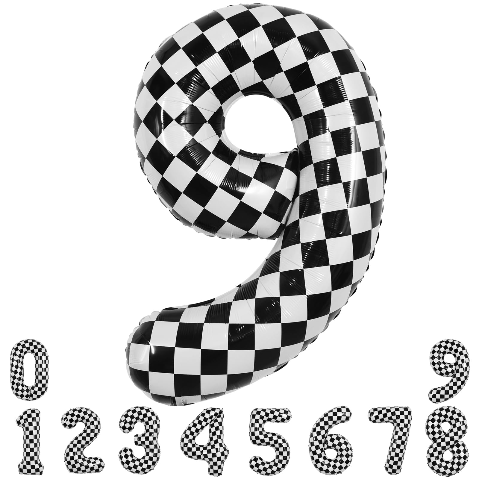 TONIFUL 40 Inch Checkered Number 9 Balloon 9th Race Car Birthday Party Supplies Black and White Large Number Balloon for 9th Birthday Fast Race Car Flag Party Decorations