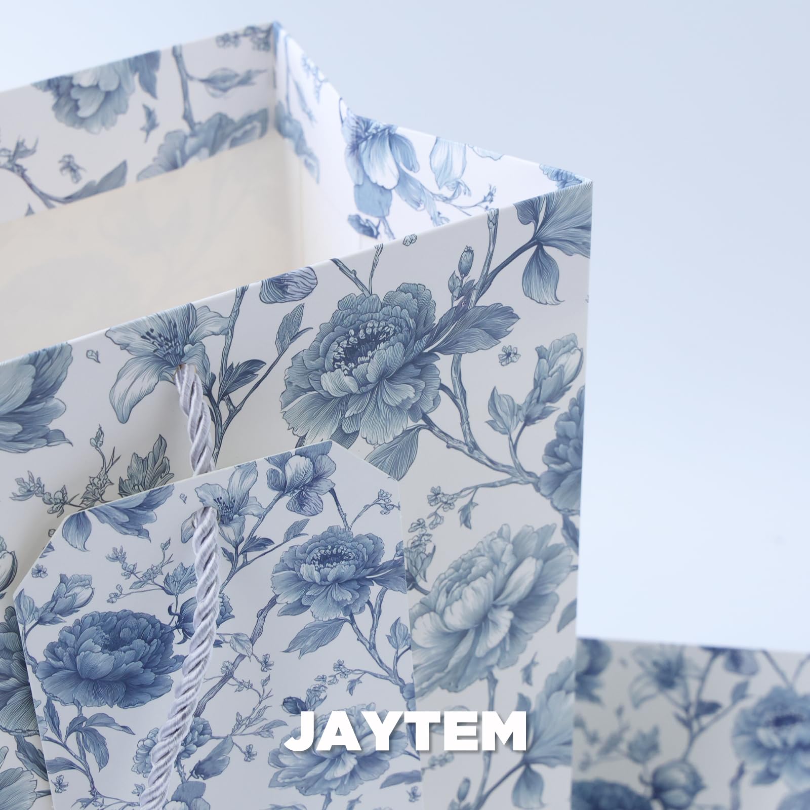 JAYTEM Bridal Shower Gift Bag, 13" Blue and White Large Wedding Gift Bag with Tissue Paper Greeting Card Tag Envelope, Chinoiserie Peony Floral Elegant Gift Bags for Women, Anniversary, Mother's Day, Birthday, Christmas