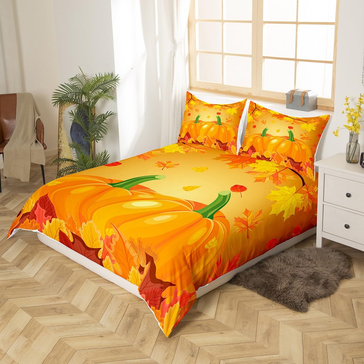 4-teiliges Bettlaken-Set In Full Size – Herbst-Kürbis-Design Aus Weicher Mikrofaser Für Kinder & Erwachsene