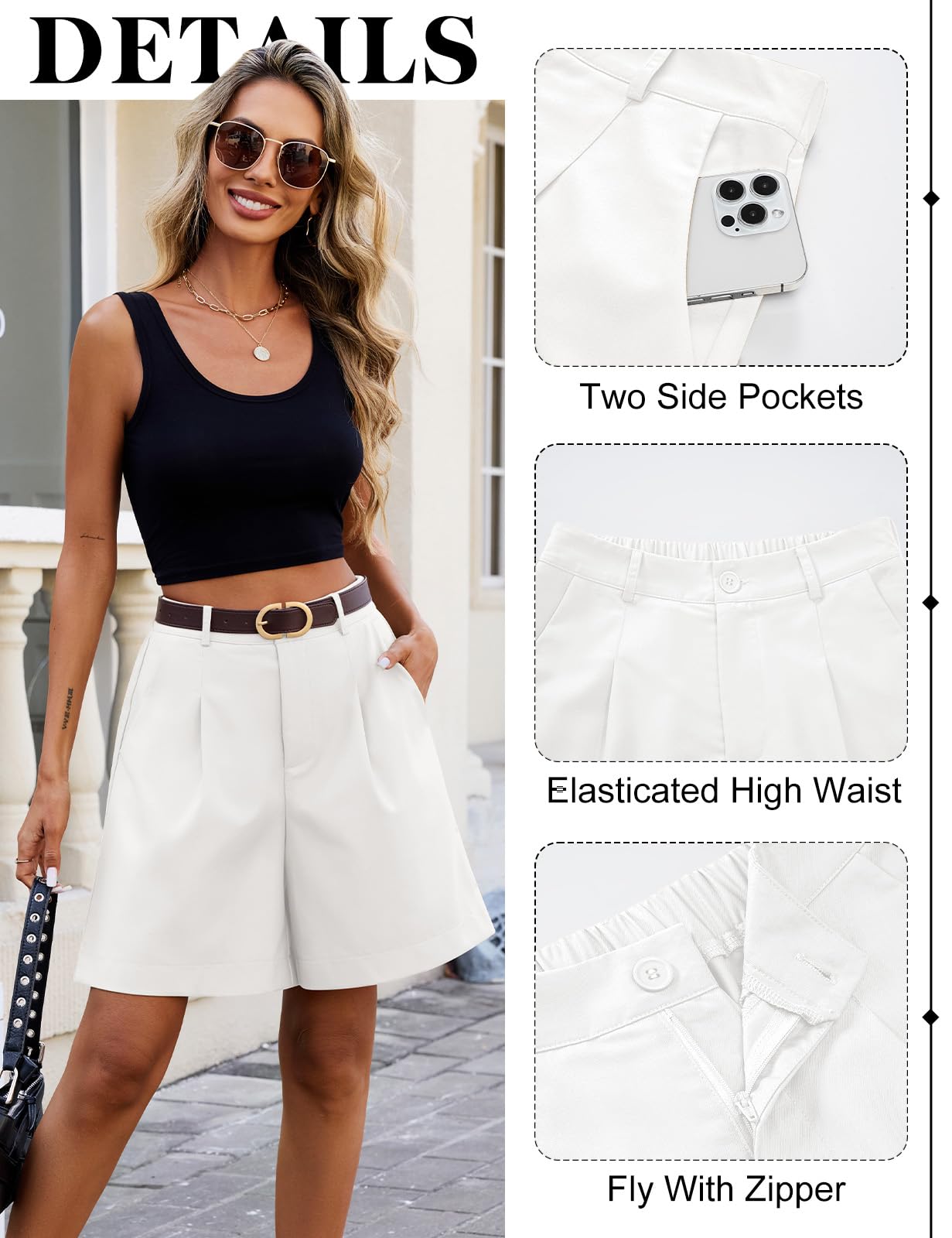Short Femme Bermuda Cargo Été Taille Haute Élastique Shorts Décontracté Long Bermudas Pantalon Court Jambes Larges avec Poches et Bouton