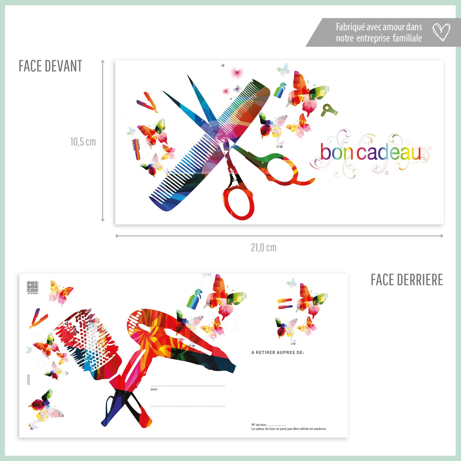 POS BON. 100 formulaires pour créer vos propres bons cadeaux + enveloppe + nœuds ruban, pour des salons de coiffure. K92001F2-100-V2