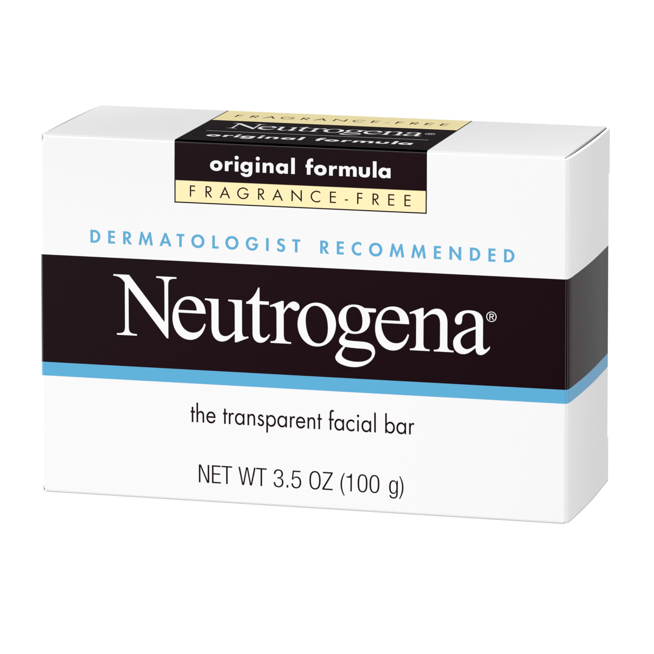 Neutrogena Original Fragrance-Free Facial Cleansing Bar with Glycerin, Pure & Transparent Gentle Face Wash Bar Soap, Free of Harsh Detergents, Dyes & Hardeners, 3.5 oz